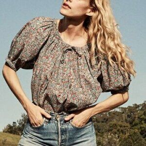 Doen Sia Blouse Top Puff Sleeve Jardin Print Ditsy Floral Coastal Boho Sz Large